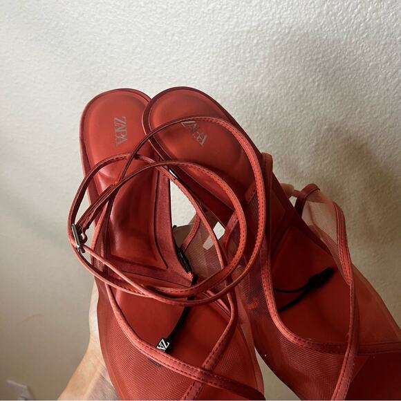 Zara coral red mesh strappy pointed heels NEW 41/10 - Picture 7 of 12